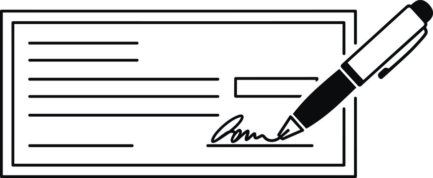 Check and pen line art illustration, finance and payment concept, banking and transaction design, signature and authorization theme, black and white flat vector illustration