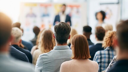 Obraz premium Focused view of diverse attendees listening attentively to a neighborhood mediator using colorful visuals on a poster board captured with soft diffused lighting and shallow depth