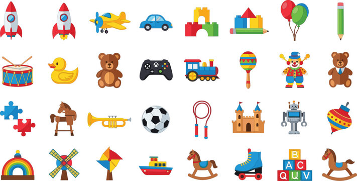 Colorful children&rsquo;s toy icon collection featuring classic and modern play items including rockets, teddy bears, puzzles, and musical instruments