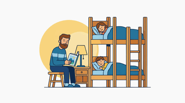 A father reads a bedtime story to his two children sleeping soundly in bunk beds, a warm lamp illuminating the scene