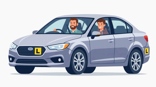 A driving instructor teaching a student to drive a car. The instructor is in the passenger seat, and the student is in the driver's seat. The car has 'L' plates on the front and back.