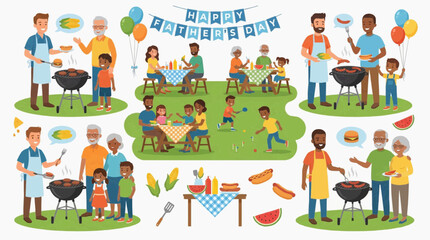Fototapeta premium A vibrant illustration depicting multiple families enjoying a Father's Day barbecue celebration in a park. The scene is filled with joy, laughter, and delicious food.