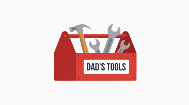 A red toolbox filled with essential tools like a hammer and wrenches, labeled DAD'S TOOLS