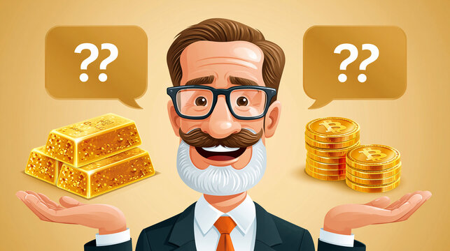 Eine Cartoon-Figur eines l&auml;chelnden Mannes h&auml;lt in der einen Hand Goldbarren und in der anderen eine Bitcoin-M&uuml;nze, mit Gedankenblasen dar&uuml;ber.