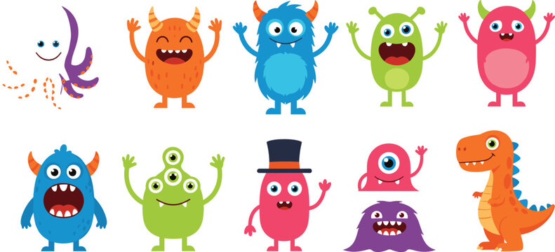 Cute monster character illustration set, colorful cartoon creature artwork collection, playful fantasy vector design, children&rsquo;s fun graphic drawingCute monster character illustration