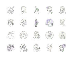Fototapeta premium Icon woman applying skincare steps illustrated or Line art woman skincare routine graphic.
