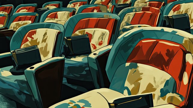 Empty cinema seats, post-show, theater, audience gone, artistic illustration, movie night