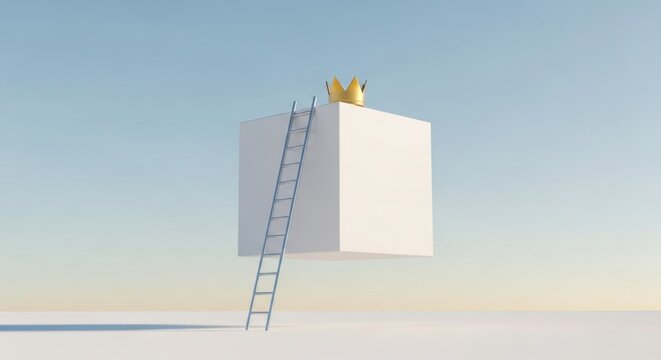 The Summit of Success: A golden crown rests atop a white cube, accessible by a leaning ladder, set against a serene sky, symbolizing aspiration and achievement.