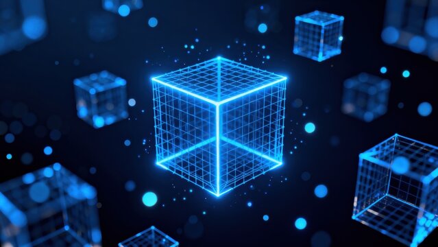 Blue glowing wireframe cubes in space