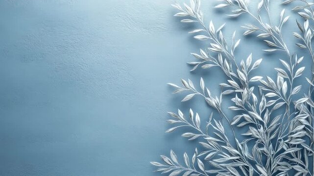 Elegant silver leaves on a textured blue background. Minimalist floral branch composition with copy space