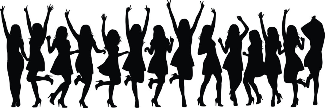 Female dancer silhouette collection in dynamic poses with expressive movement, celebration, and elegant black dress illustration