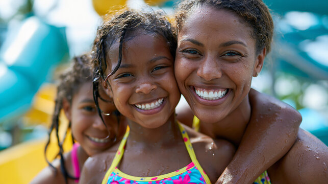 Anonymous happy Black mother and two daughters enjoying a water slide at a water park, family smiles and summer vacation bonding concept, faceless, defocused, with copy space