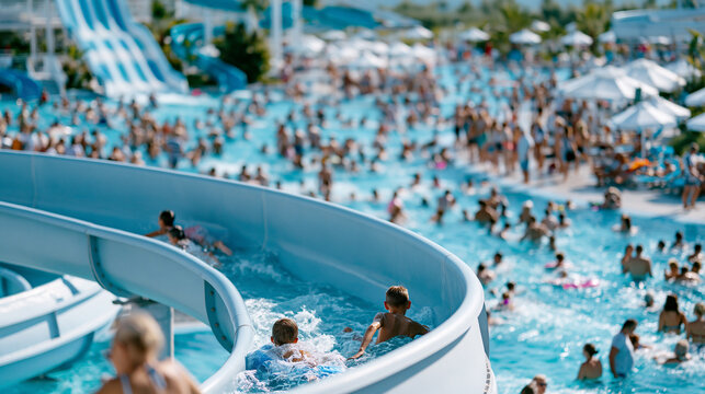 Wide aerial view of a packed outdoor water park with dozens of anonymous visitors in pools and on slides during peak summer season, resort scale and tourism concept, faceless,