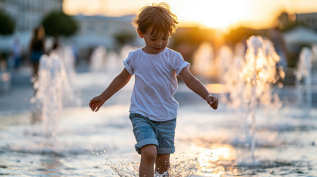 Anonymous happy young boy running through splash pad fountains at sunset, summer outdoor play and childhood joy concept, faceless, defocused warm light, with copy space