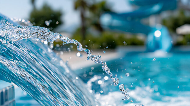 Dramatic water splashing from a waterpark slide into a bright blue pool, summer entertainment and aquatic energy concept, defocused, with copy space