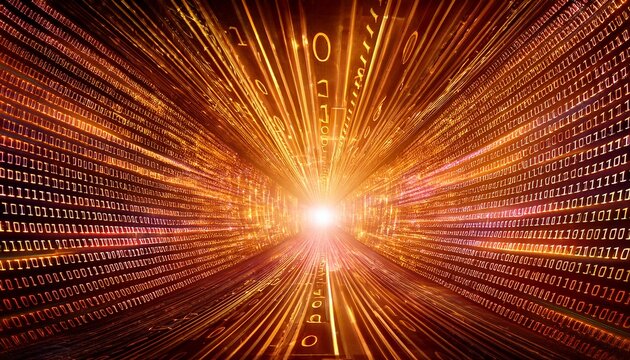 a digital tunnel filled with glowing binary code in warm tones illustrating the flow of data and the complexities of digital communication and technology