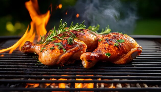 juicy grilled chicken thighs with herbs on a flaming barbecue grill capturing the essence of summer grilling