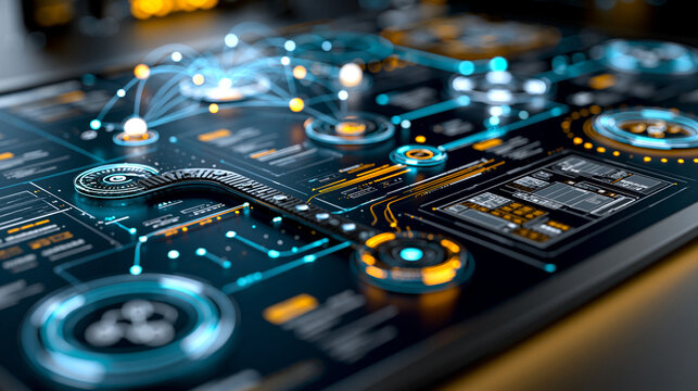 Futuristische Benutzeroberfl&auml;che mit leuchtenden blauen und goldenen Elementen auf einem dunklen technischen Panel.