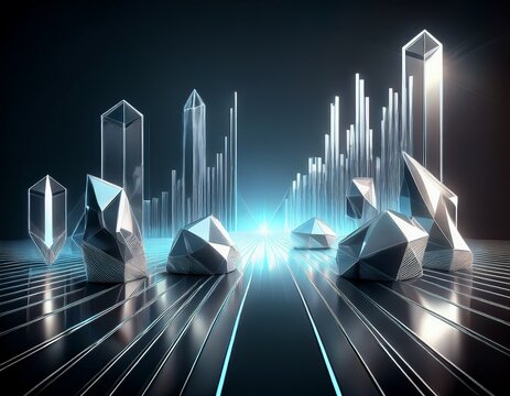 floating silver crystals with ai graph projection abstract art scene dark background futuristic concept