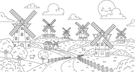 Obraz premium Dutch windmills coloring page vector illustration line art book drawing for adults kids
