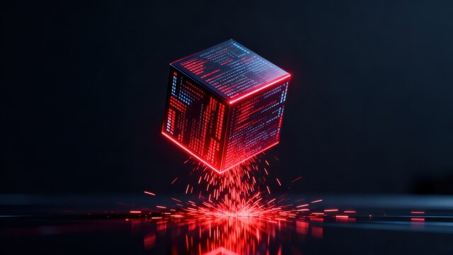 Floating cube with glowing code