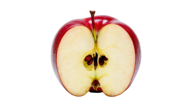 Red apple half showing seeds and stem, isolated on transparent background