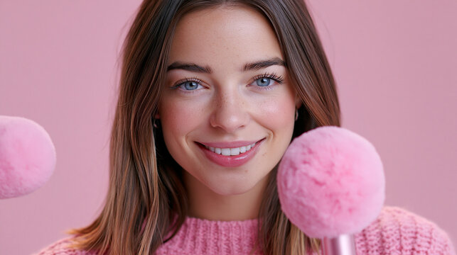 Eine junge Frau h&auml;lt ein rosa Mikrofon neben ihr Gesicht und l&auml;chelt vor einem rosa Hintergrund.