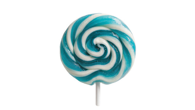 Swirled blue and white lollipop candy, isolated on transparent background