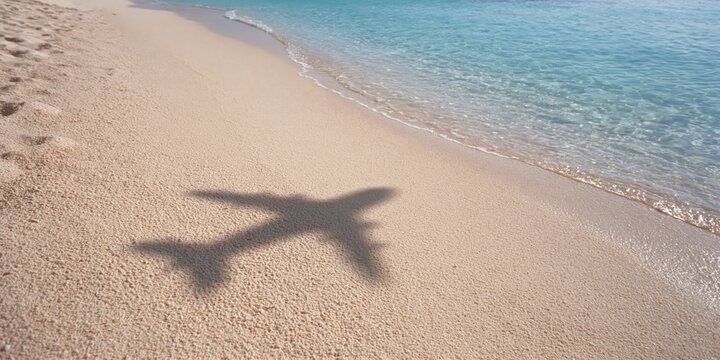 Airplane shadow on bright tropical beach