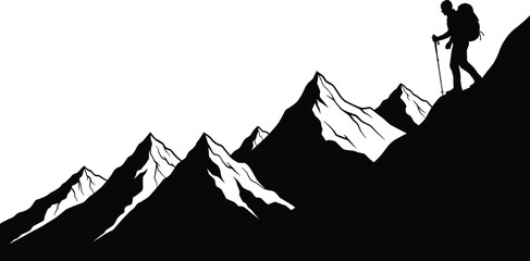 Mountain hiking silhouette illustration, adventure and exploration concept, nature and outdoor design, travel and trekking theme, black and white flat vector illustration © MST RAMANA