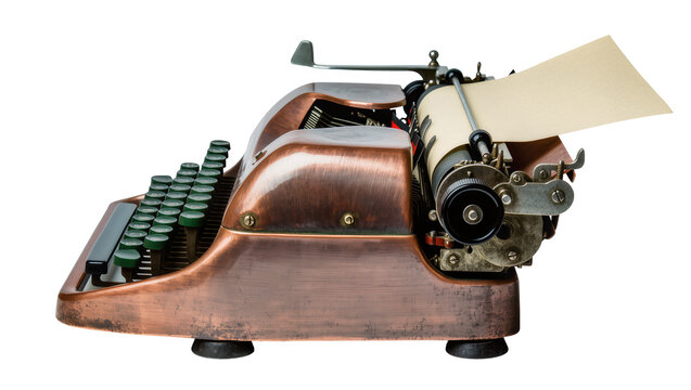 Antique copper typewriter with green keys and cream paper, isolated on transparent background