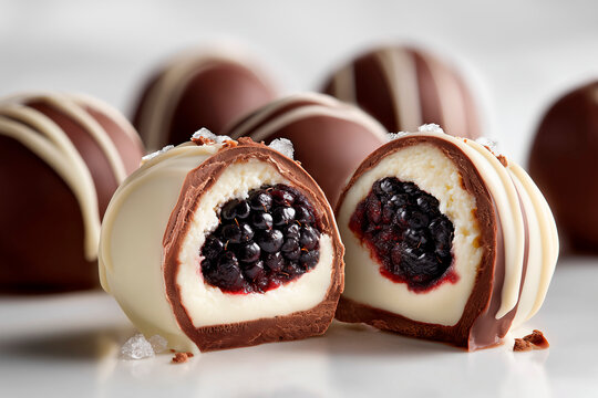 Chocolate covered blackberries with visible layers isolated on white background