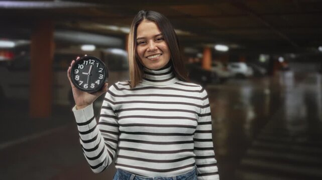 Woman holds clock in hand and smiles in a parking building, wearing striped turtleneck and jeans; punctuality confidence.