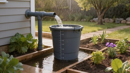 Obraz premium Rainwater Collection System in a Backyard Garden During Sunny Weather With Plants and Landscaping