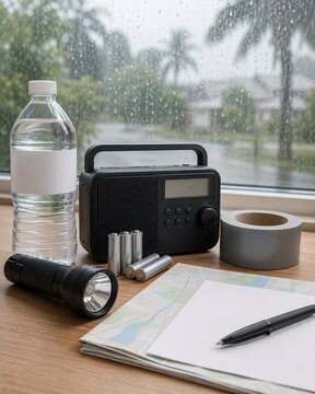 Storm preparedness supplies near rainy window