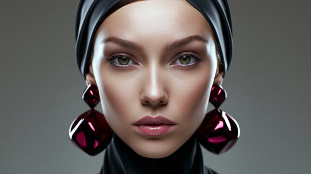 Portr&auml;t einer jungen Frau mit futuristischem Styling, schwarzem Kopfschmuck und auff&auml;lligen dunkelroten Ohrringen vor grauem Hintergrund.