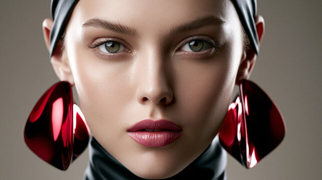Portr&auml;t einer jungen Frau mit futuristischem Styling, schwarzem Kopfschmuck und auff&auml;lligen dunkelroten Ohrringen vor grauem Hintergrund.