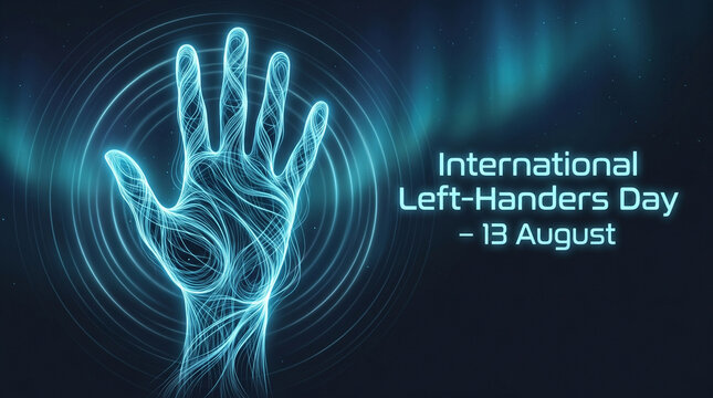 International lefthanders day 13 august concept with glowing blue hand silhouette on dark background