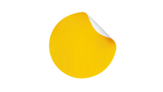 Bright yellow circular sticker with peeling corner, isolated on transparent background