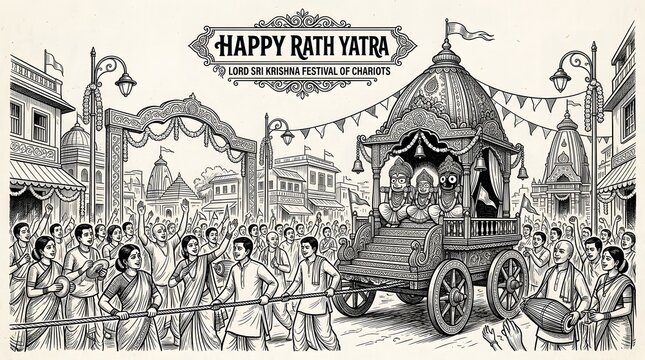 Happy Rath Yatra Festival Procession with Decorated Chariot and Crowds
