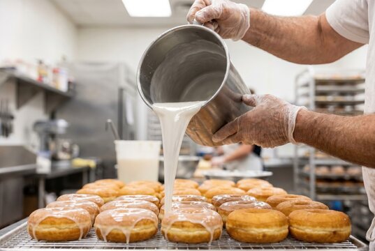 Baker pouring sweet white glaze from a metal pitcher over a batch of freshly baked donuts on a wire rack