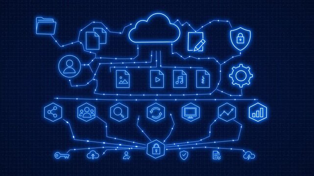 Modern Cloud Computing Infrastructure Dashboard with Connected Digital Files, Data Storage, Media Content, Security Protection And Network Services. Futuristic Cloud Technology Animation