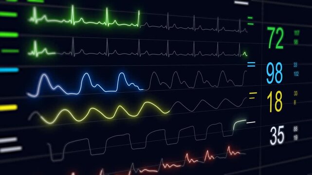 Real-Time ECG Heartbeat Signals Animation. Advanced Medical Patient Monitoring Dashboard Display, Oxygen Saturation Levels, Respiratory Wave forms And Vital Sign Analytics. Glowing Data Visualization,