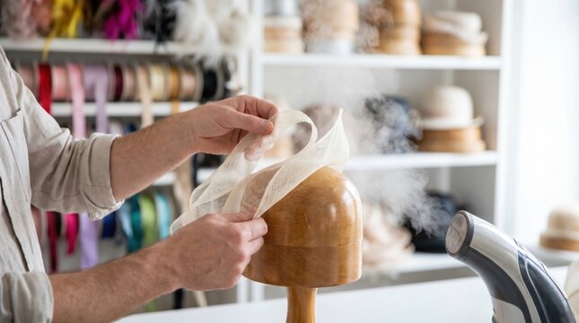 Milliner using a garment steamer to shape a delicate fabric fascinator hat on a wooden block