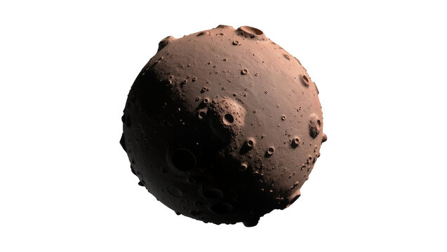 Cratered brown asteroid with rough texture, isolated on transparent background