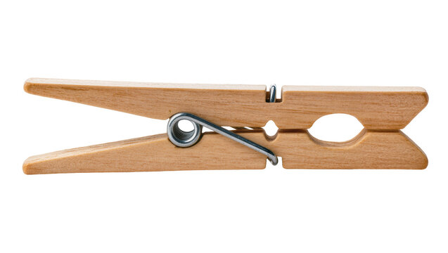 Wooden clothespin with metal spring, isolated on transparent background