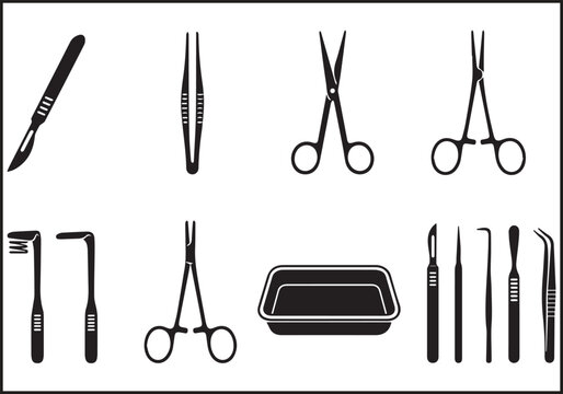 Surgical Instruments Silhouette Collection On White Background Medical Tools In Black And White anatomy