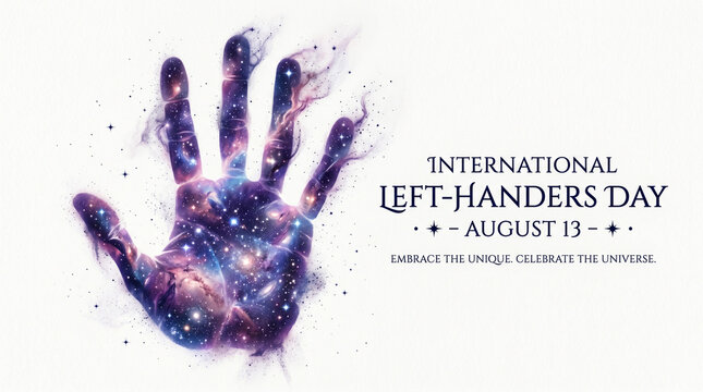 International lefthanders day poster with a cosmic hand silhouette isolated on white background