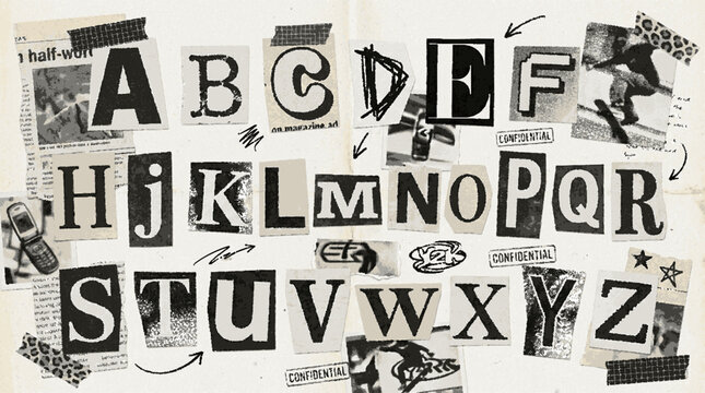 Alphabet cutout ransom note style letters on textured paper background