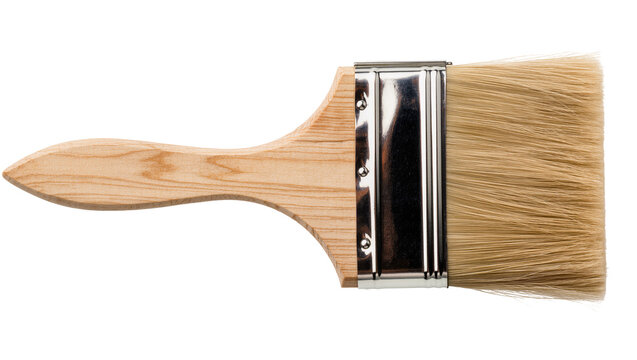 Flat wooden handle paintbrush with metal ferrule and natural bristles, isolated on transparent background